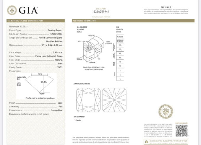 This is a beautiful loose GIA certified 100% NATURAL .30CT Cushion Brilliant Diamond that is rated with a NATURAL Yellowish Green  color and a VVS1 clarity. This diamond is GIA certified and does come with the certificate!