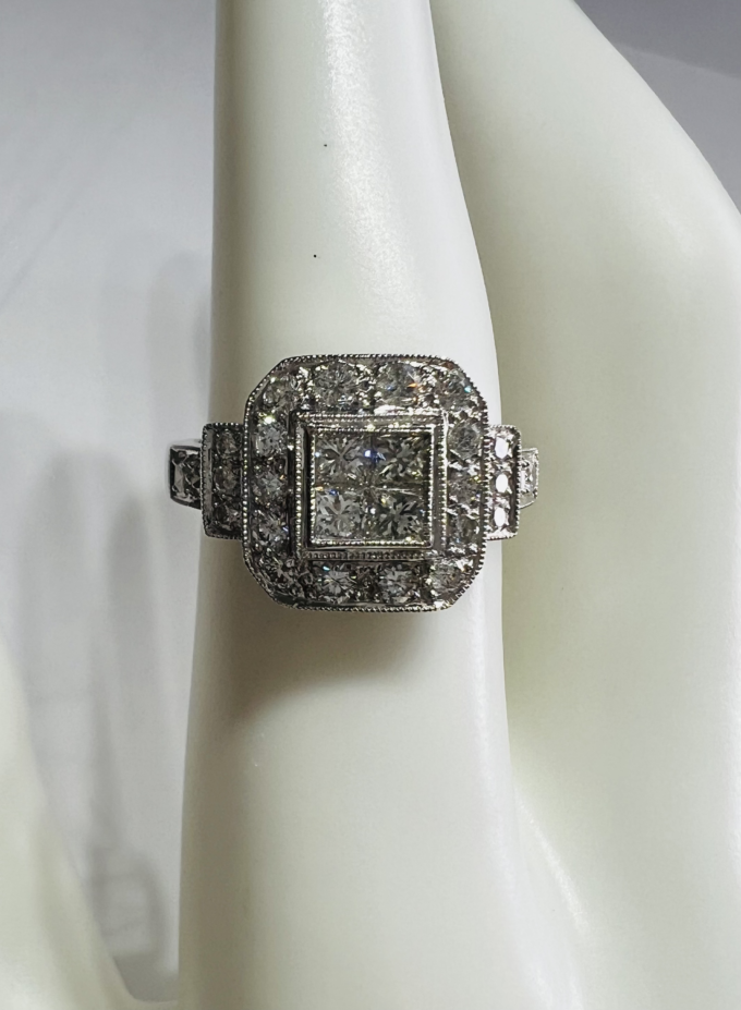 18K white gold halo natural diamond engagement ring for sale online - princess diamond and round diamonds